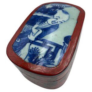 Vintage Chinese Red Lacquer Shard Box Blue White Porcelain